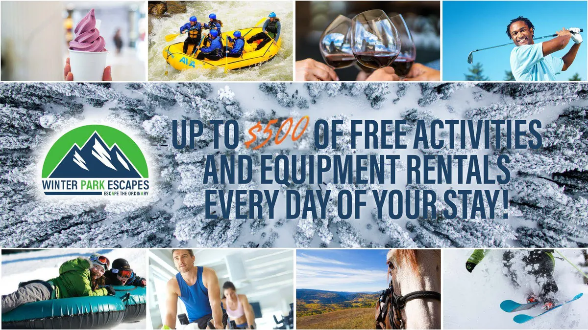A dynamic collage of activities and smiling people, featuring adventurous landscapes such as rivers and snowy mountains. Images depict guests rafting, skiing, horseback riding, golfing, and indulging in gourmet indoor dining, capturing the lodge’s curated daily adventure offerings and service-driven experiences.