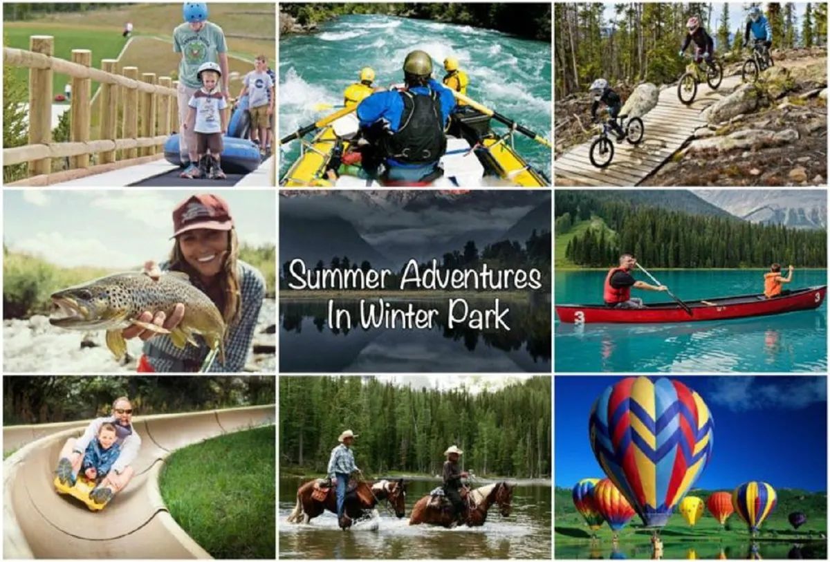 A vibrant outdoor scene featuring families and children partaking in summer adventures such as rafting, kayaking, horseback riding, fishing, biking, and enjoying the outdoors. Hot air balloons rise above, and the atmosphere is one of excitement, exploration, and togetherness in nature.