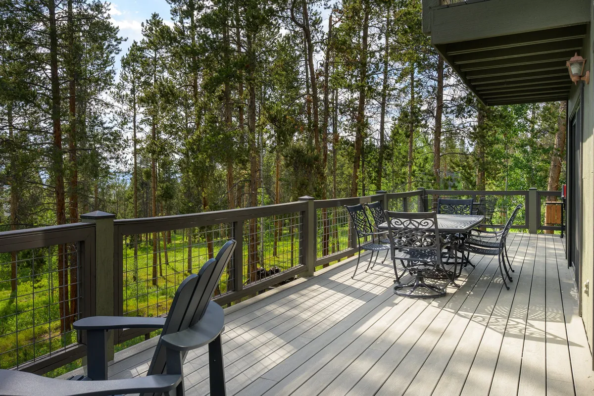 A spacious deck furnished with comfortable seating and a dining table, surrounded by lush trees. The setting suggests opportunities for nature observation, stargazing, or simply enjoying fresh mountain air with loved ones and pets.