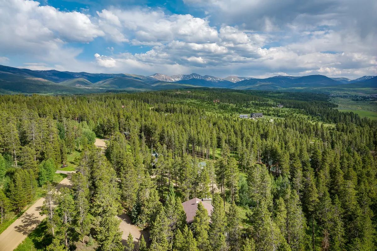 A sweeping, panoramic view of the Rocky Mountains unfolds beyond a lush, dense forest. Winding dirt roads lead to secluded homes nestled in the greenery, with nature in full display—an ideal backdrop for hiking, wildlife watching, and outdoor exploration. The atmosphere is tranquil, bathed in soft sunset light.